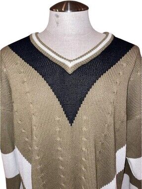Aureus Vintage Pullover V-Neck Sweater Brown Black White Cable Knit Size XL